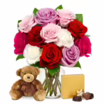 One Dozen Assorted Sweetheart Roses with Chocolates & Bear