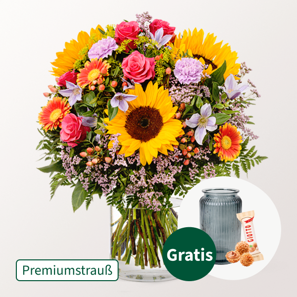 Premiumstrauß Farbenfreude mit Premiumvase & Ferrero Giotto 3er