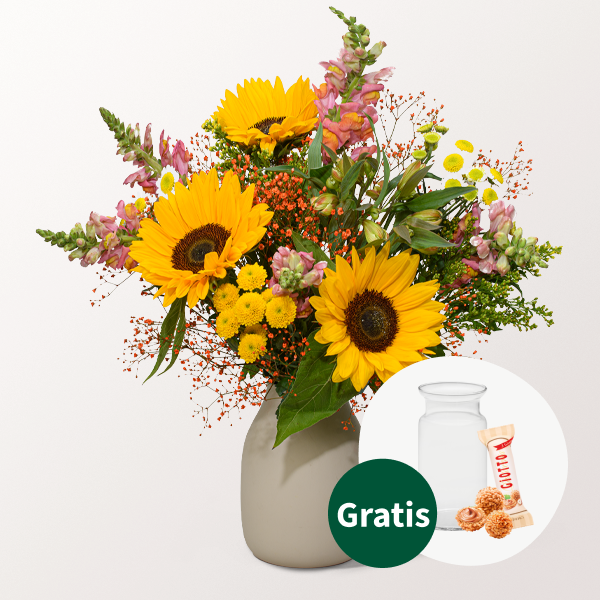 Blumenstrauß Sonnenstrahl mit Vase & Ferrero Giotto 3er