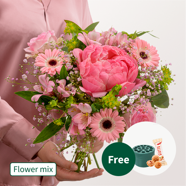 Flower Mix Zarter Gruß with Stem Holder & 3 Ferrero Giotto