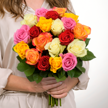 Bunch of 40 mixed coloured roses with vase