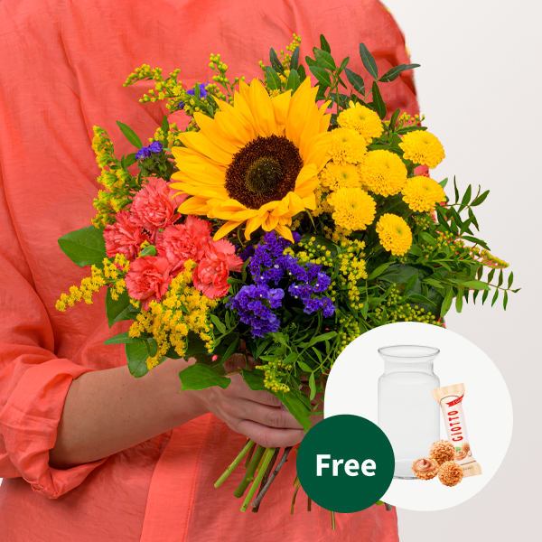 Flower Bouquet Sonnengrüße with vase & 3 Ferrero Giotto