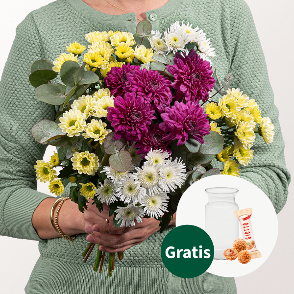 Blumenstrauß Alles Liebe mit Vase & Ferrero Giotto 3er