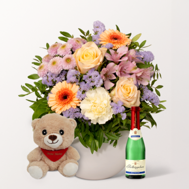 Mother's Day Set with Flower Bouquet, Teddy Bear, Sparkling Wine and with vase & Rotkäppchen Sparkling Wine