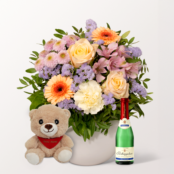 Mother's Day Set with Flower Bouquet, Teddy Bear, Sparkling Wine and with vase & Rotkäppchen Sparkling Wine