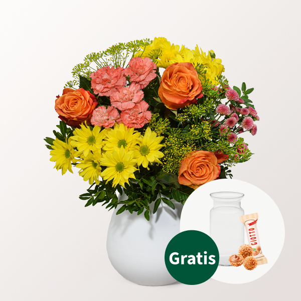 Blumenstrauß Sonnenfreude mit Vase & Ferrero Giotto 3er