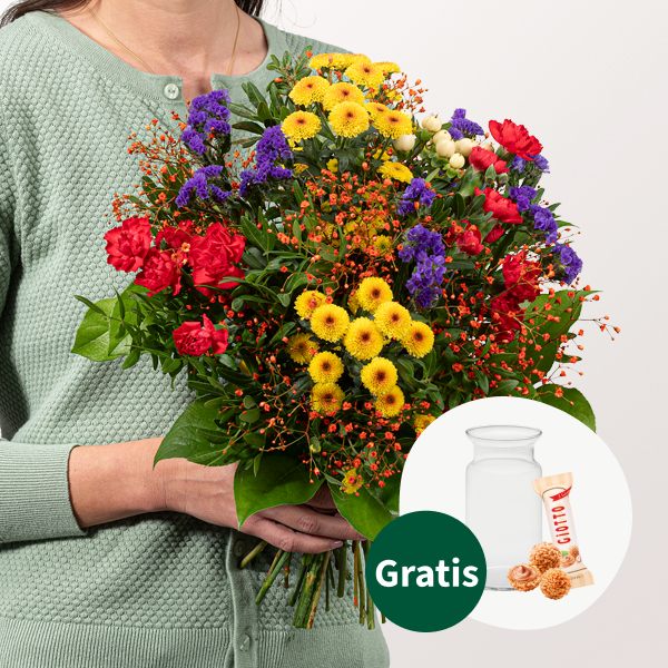 Blumenstrauß Blütenwiese mit Vase & Ferrero Giotto 3er