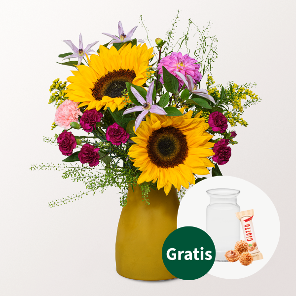 Blumenstrauß Sonnentag mit Vase & Ferrero Giotto 3er