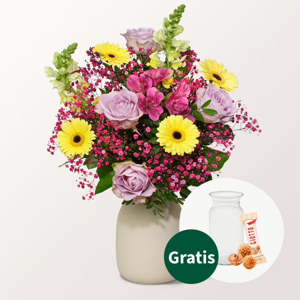Blumenstrauß Sommerfreude mit Vase & Ferrero Giotto 3er