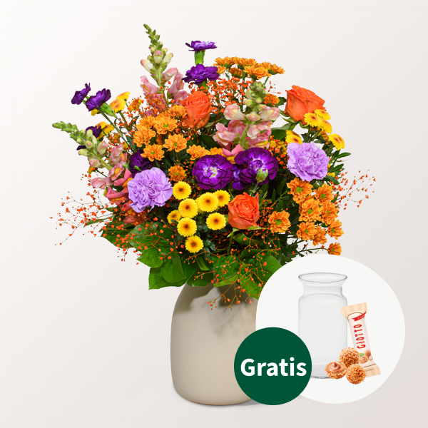 Blumenstrauß Bunter Sommer mit Vase & Ferrero Giotto 3er
