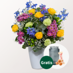 Premiumstrauß Farbspiel mit Premiumvase & Ferrero Giotto 3er