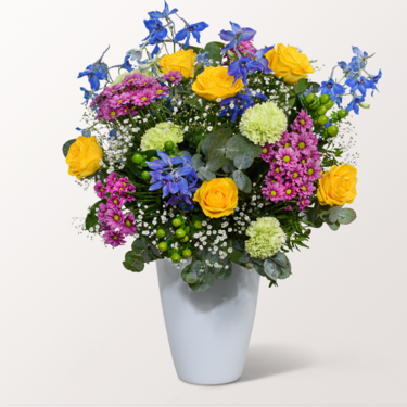 Premiumstrauß Farbspiel mit Premiumvase & Ferrero Giotto 3er