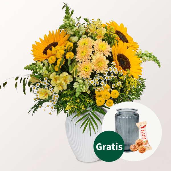 Premiumstrauß Sommerglühen mit Premiumvase & Ferrero Giotto 3er
