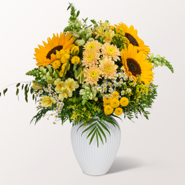 Premiumstrauß Sommerglühen mit Premiumvase & Ferrero Giotto 3er