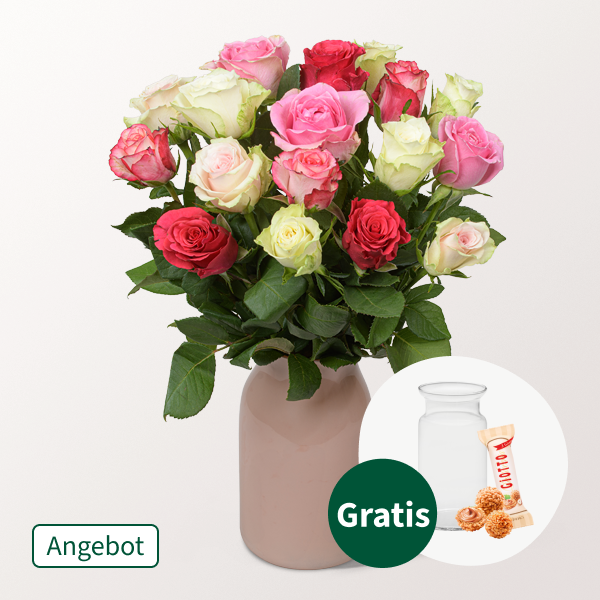 17 pastellfarbene Angebots-Rosen im Bund mit Vase & Ferrero Giotto 3er